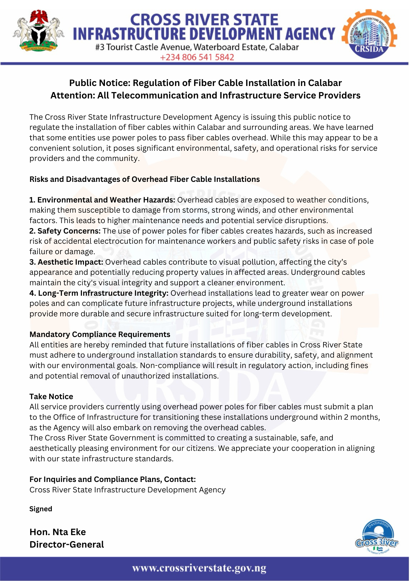 Public Notice: Regulation of Fiber Cable Installation in Calabar Attention: All Telecommunication and Infrastructure Service Providers