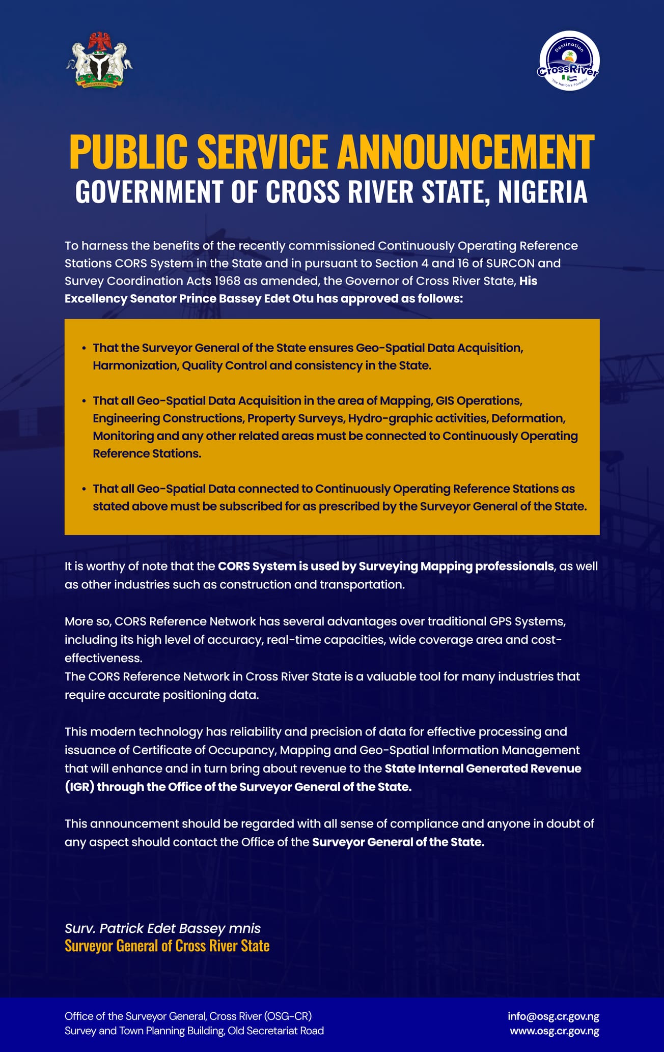 PSA Announcement: Cross River State Adopts CORS System for Accurate Geo-Spatial Data
