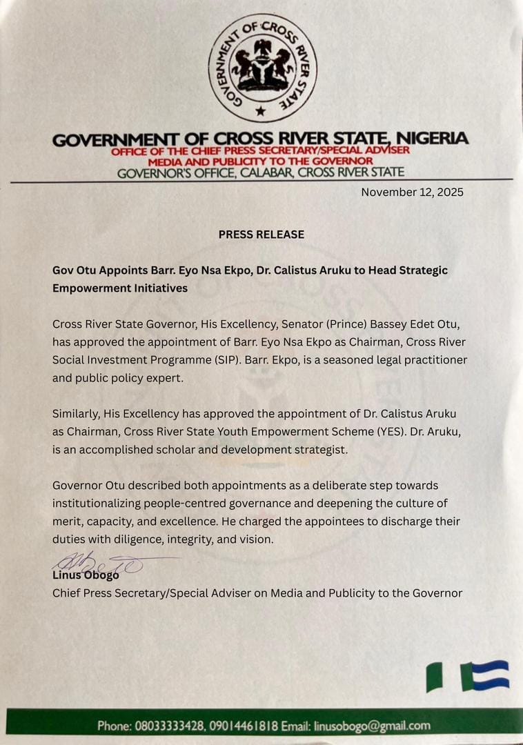 Gov Otu Appoints Barr. Eyo Nsa Ekpo, Dr. Calistus Aruku to Head Strategic Empowerment Initiatives