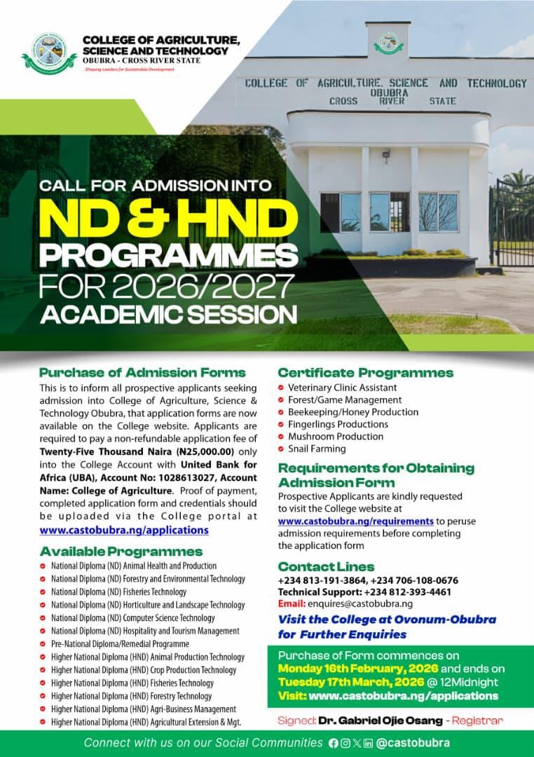 2026/2027: CAST Obubra Announces Fresh Admission into ND, HND Programmes