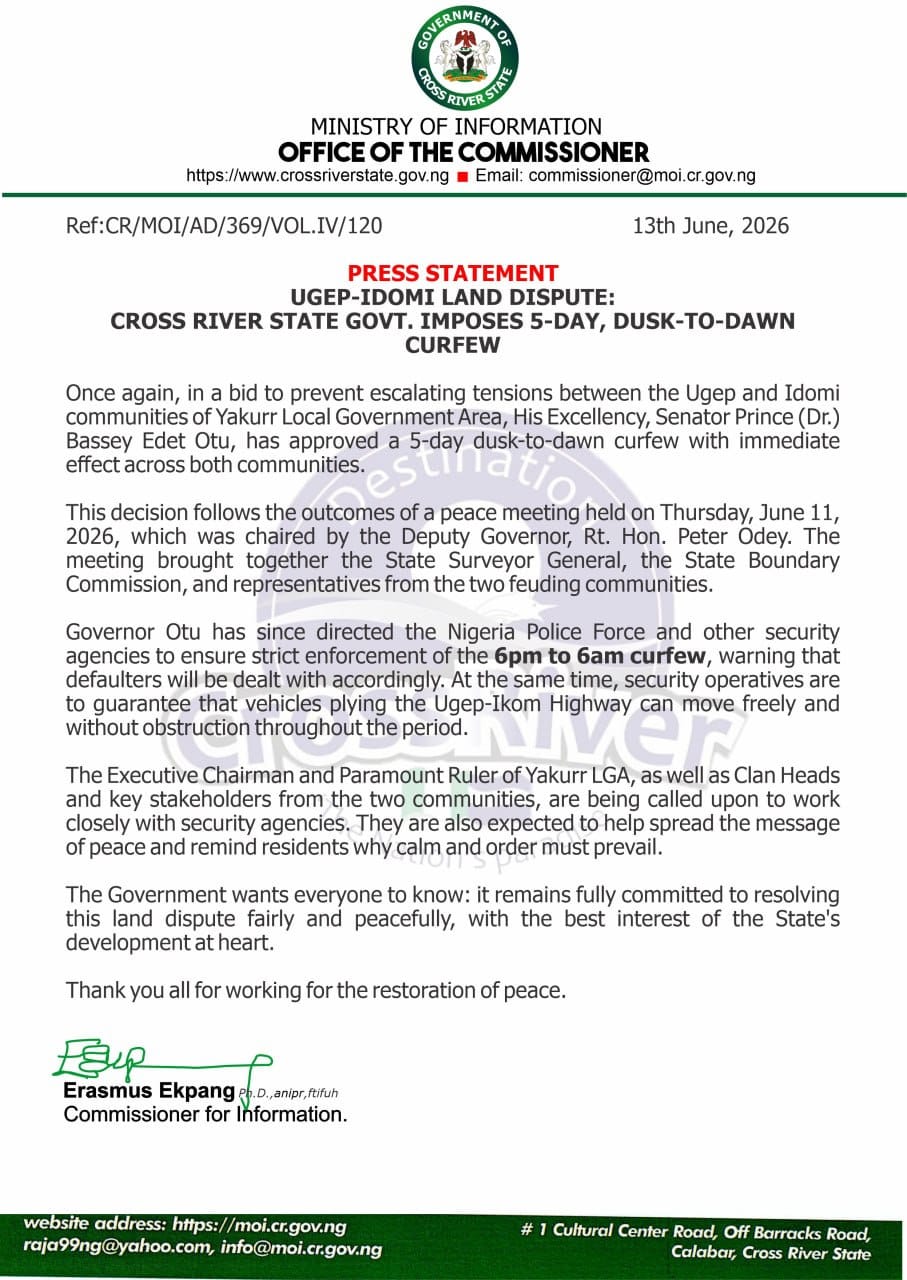 Ugep-Idomi Land Dispute: Cross River State Government imposes 5-day, Dusk to Dawn Curfew