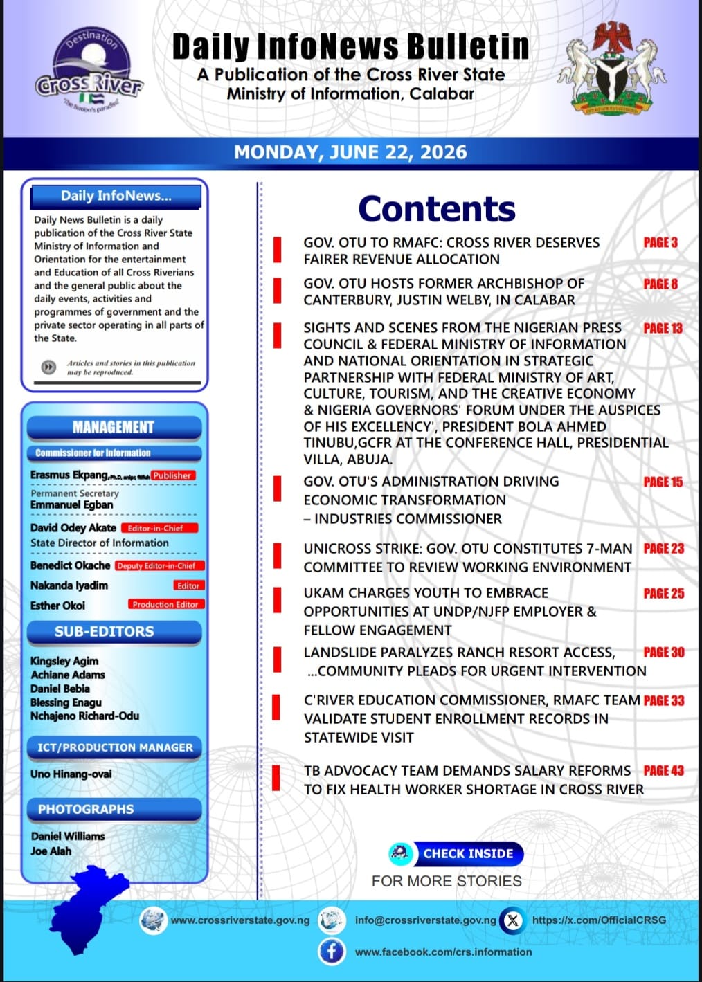 Daily Info News Bulletin: A Publication of the Cross River State Ministry of Information, Calabar