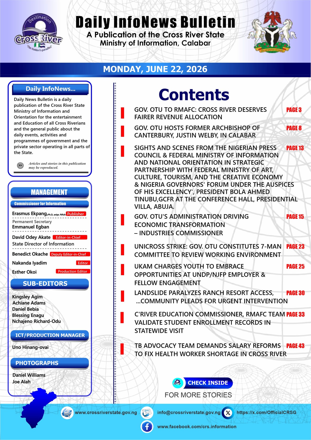 Daily Info News Bulletin: A Publication of the Cross River State Ministry of Information, Calabar