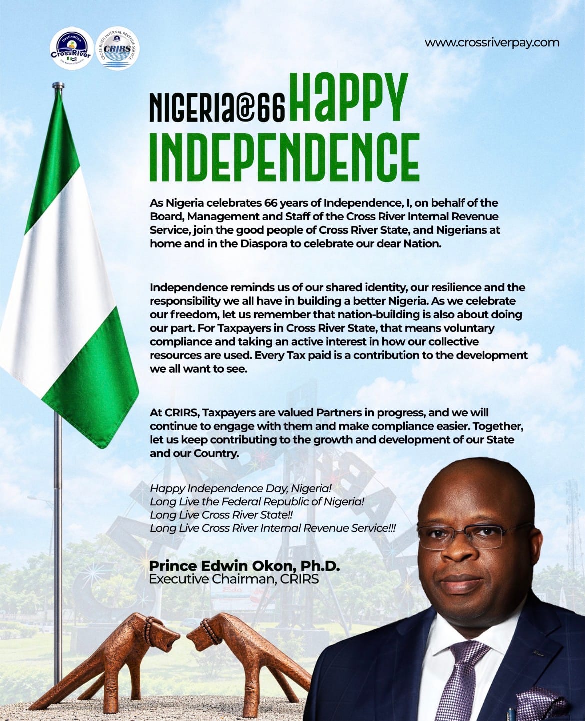 CRIRS Chairman Urges Tax Compliance as Nigeria Marks 66th Independence
